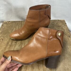 Coach Wardolf Brass Toe Heeled Ankle Booties Brown Tan Calf Leather Womens SZ 8